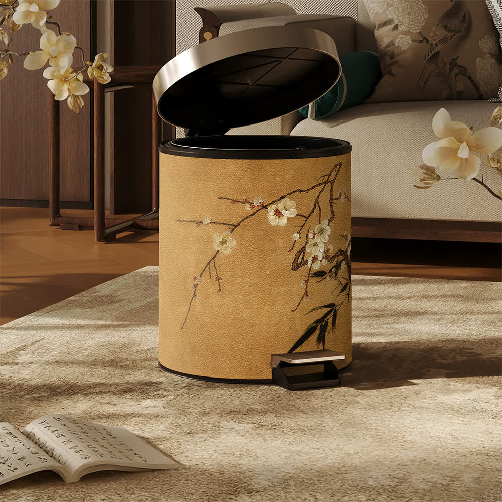Cestino per rifiuti in pelle con motivo a fiori di prugno orientale. - image 4