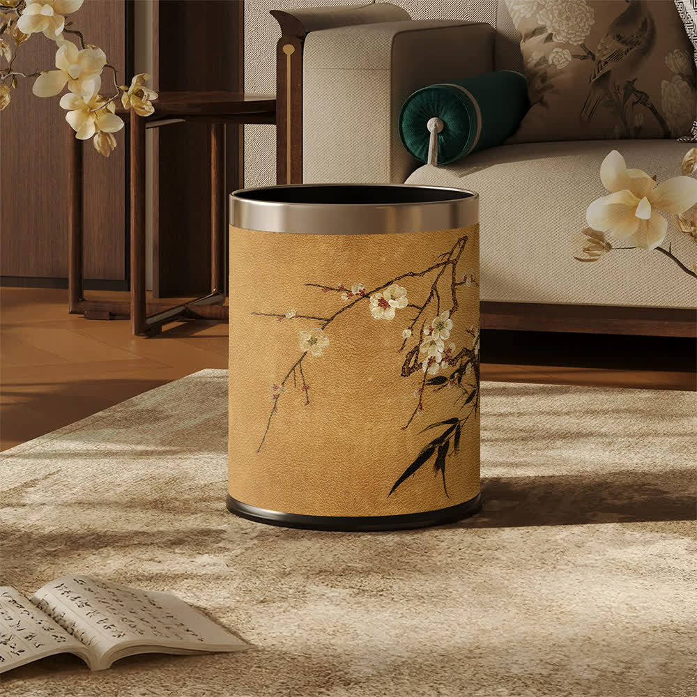 Cestino per rifiuti in pelle con motivo a fiori di prugno orientale. - image 0