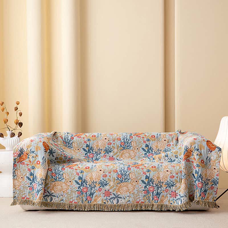 Trapunta in garza di cotone con motivo floreale e coniglietti in stile country. - image 3