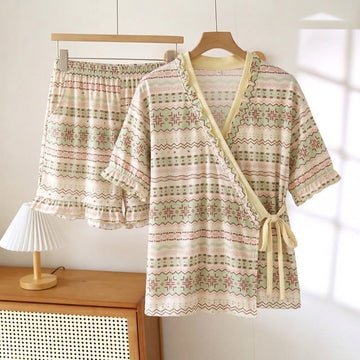 Completo pigiama con maniche a volant e motivo geometrico - Beige - 3XL - image 0