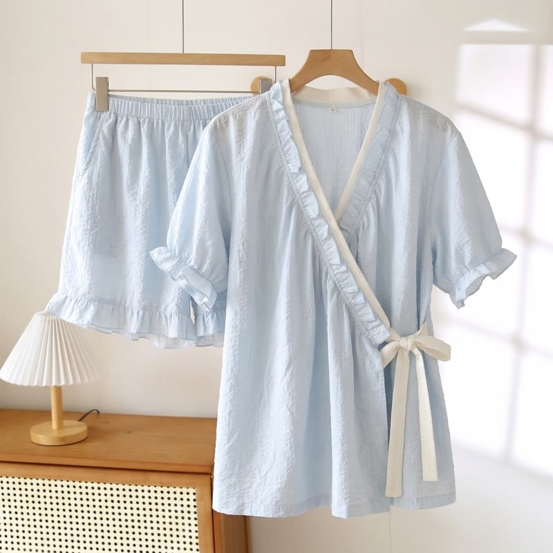 Completo pigiama azzurro con maniche a volant - Blu - 3XL - image 0