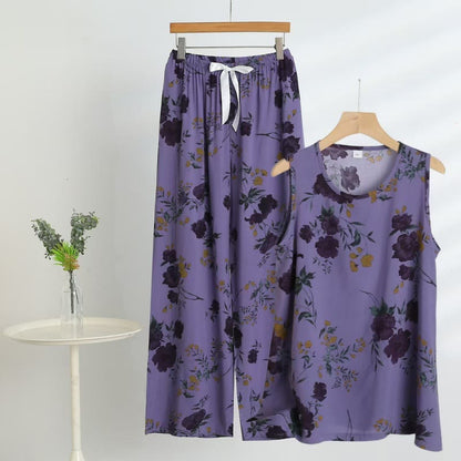 Pigiama con canotta e pantaloni a fantasia floreale viola - Viola - 5XL - image 0