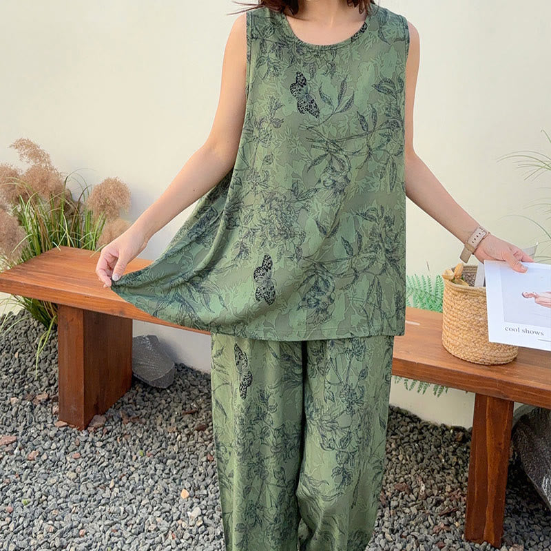 Pigiama composto da canotta e pantaloni con motivo a farfalle botaniche verdi - image 1