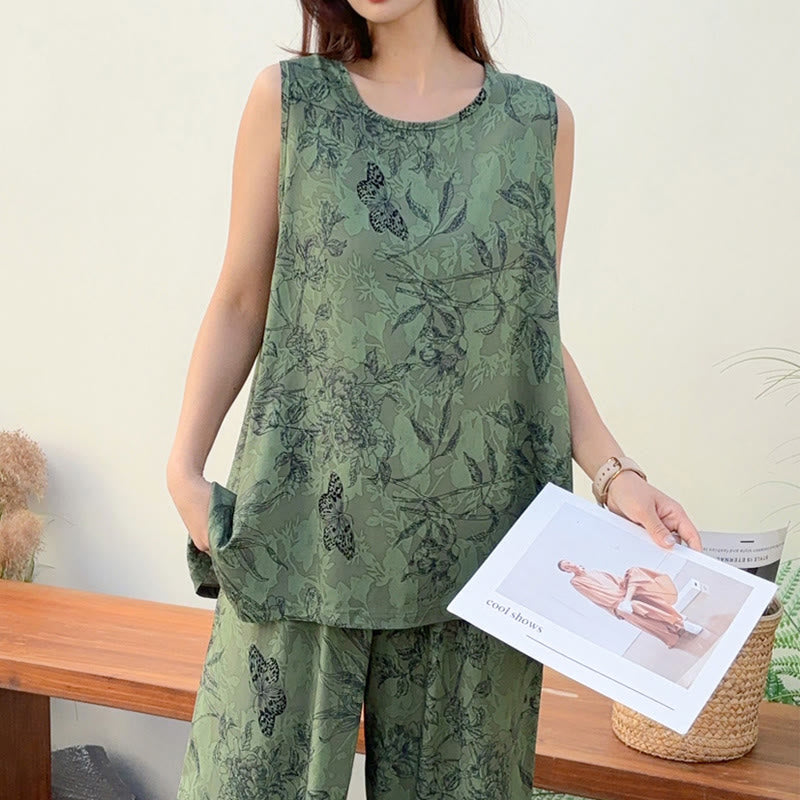 Pigiama composto da canotta e pantaloni con motivo a farfalle botaniche verdi - image 2