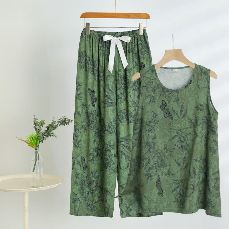 Pigiama composto da canotta e pantaloni con motivo a farfalle botaniche verdi - Verde - 5XL - image 0