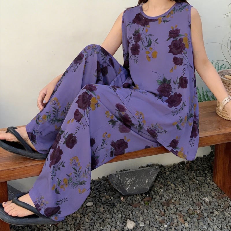 Pigiama con canotta e pantaloni a fantasia floreale viola - image 2