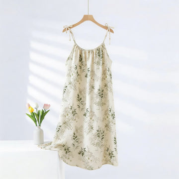Camicia da notte in cotone con motivo a foglie fresche di campagna - Beige - 2XL - image 0