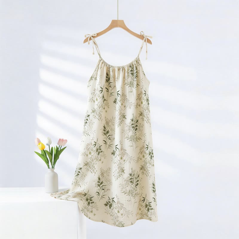 Camicia da notte in cotone con motivo a foglie fresche di campagna - Beige - 2XL - image 0