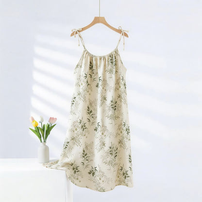 Camicia da notte in cotone con motivo a foglie fresche di campagna - Beige - 2XL - image 0