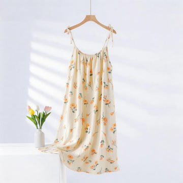 Camicia da notte a sottoveste in garza di cotone con stampa floreale arancione - Beige - 2XL - image 0