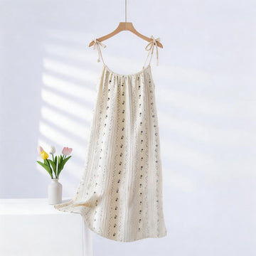 Camicia da notte a canotta in garza di cotone a righe con stampa floreale - Beige - 2XL - image 0