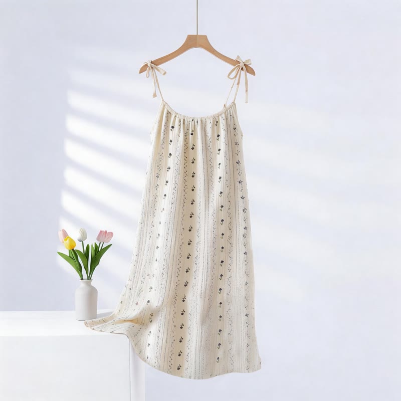 Camicia da notte a canotta in garza di cotone a righe con stampa floreale - Beige - 2XL - image 0