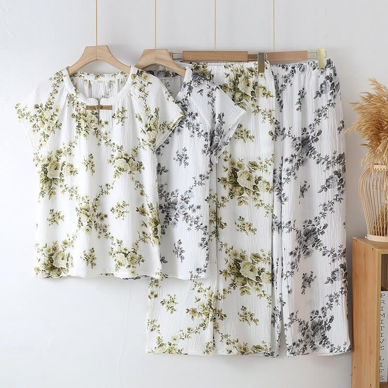 Set pigiama vintage in garza di cotone con motivo peonia - image 0