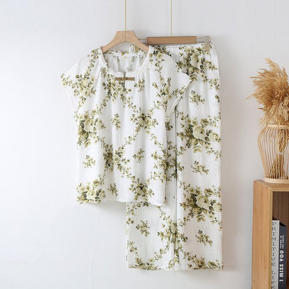 Set pigiama vintage in garza di cotone con motivo peonia - Verde - XL - image 1