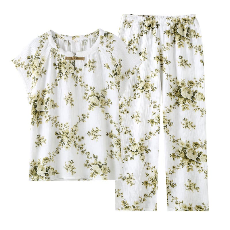 Set pigiama vintage in garza di cotone con motivo peonia - image 8