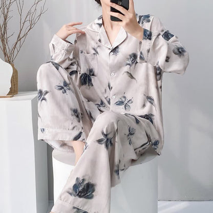 Set pigiama con stampa floreale e farfalle effetto inchiostro - Beige - 2XL - image 0