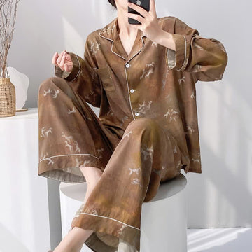 Set pigiama vintage con motivo a cavalli - Marrone - 2XL - image 0