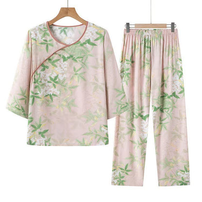 Set pigiama con motivo floreale e foglie in stile orientale - image 6