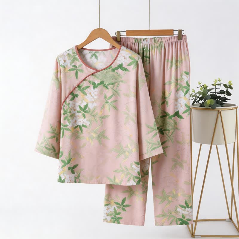 Set pigiama con motivo floreale e foglie in stile orientale - Rosa chiaro - 4XL - image 0
