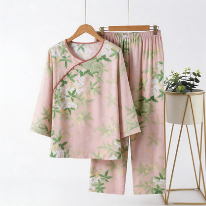 Set pigiama con motivo floreale e foglie in stile orientale - Rosa chiaro - 4XL - image 0