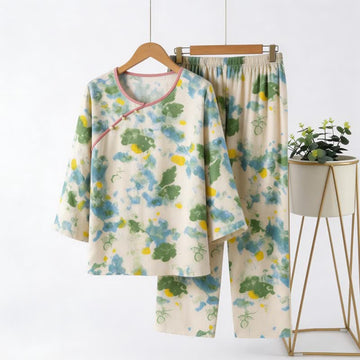 Set pigiama con stampa artistica orientale ad acquerello - Verde e beige - 4XL - image 0