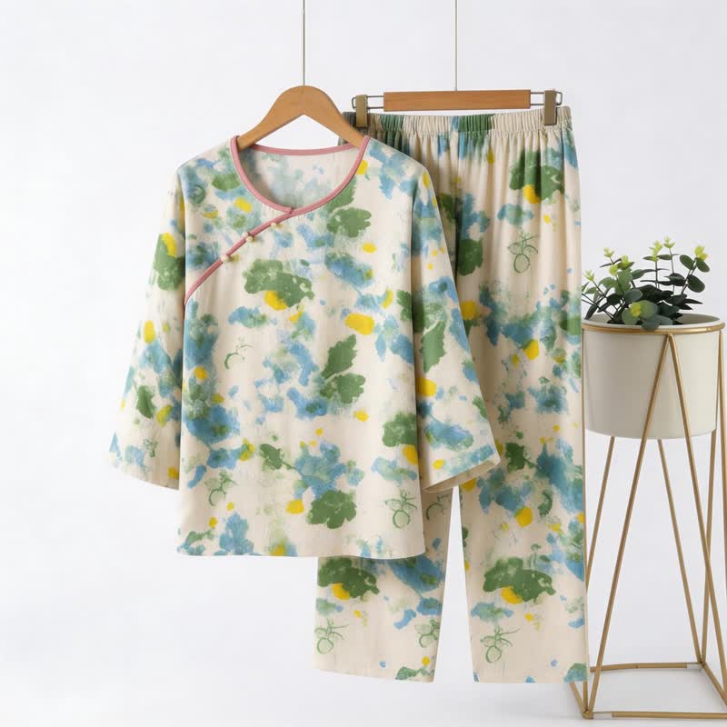 Set pigiama con stampa artistica orientale ad acquerello - Verde e beige - 4XL - image 0