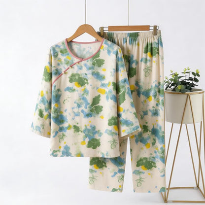 Set pigiama con stampa artistica orientale ad acquerello - Verde e beige - 4XL - image 0