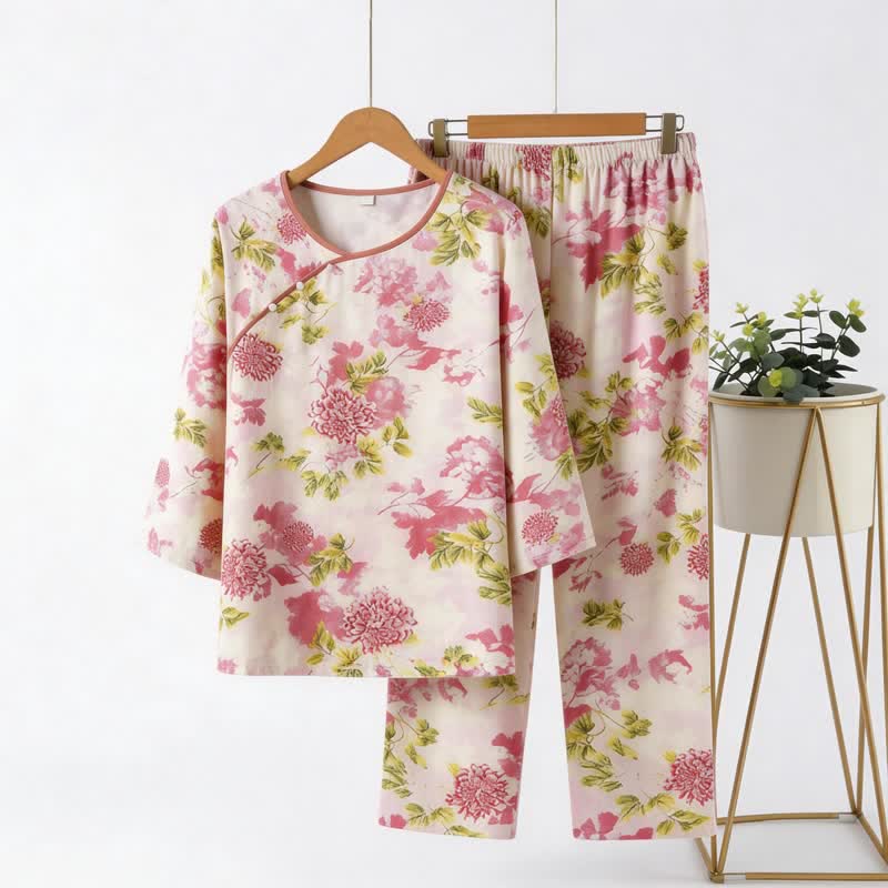 Completo pigiama floreale rosa orientale - Rosa - 4XL - image 0