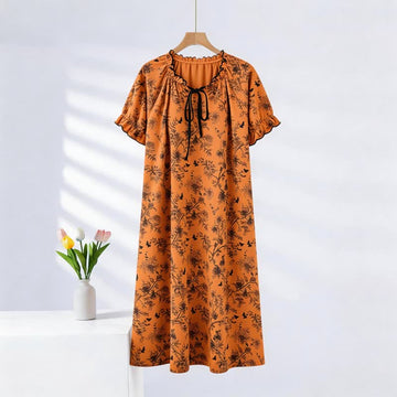 Camicia da notte in cotone con volant sul collo e motivo floreale a farfalla. - Caramello - 2XL - image 0