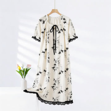 Camicia da notte in cotone con stampa bambù e volant sul collo - Bianco e nero - 2XL - image 0