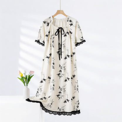Camicia da notte in cotone con stampa bambù e volant sul collo - Bianco e nero - 2XL - image 0