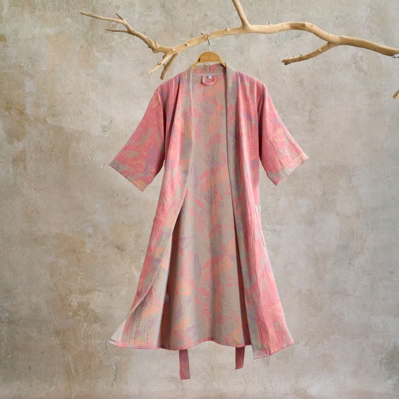 Accappatoio in cotone a maniche corte con motivo a foglia artistica - Rosa - XL - image 0