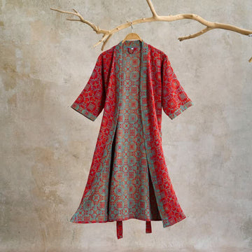 Accappatoio in cotone a maniche corte con motivo vintage - Rosso - XL - image 0