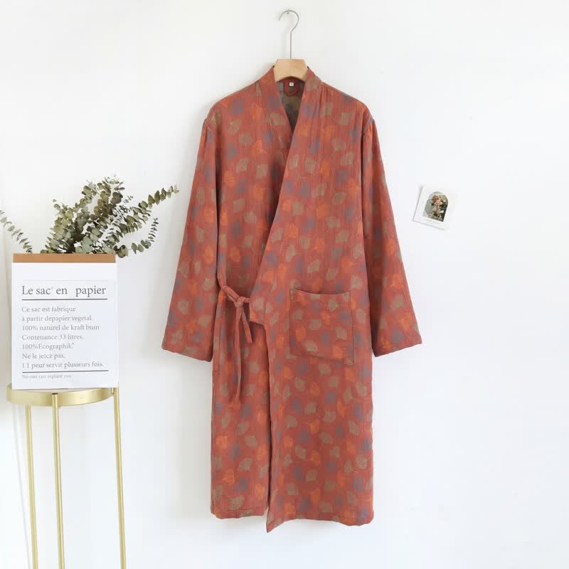 Abito Yukata in garza di cotone con foglie di ginkgo - image 4
