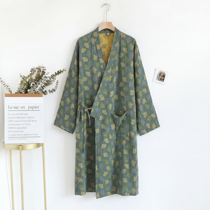Abito Yukata in garza di cotone con foglie di ginkgo - image 17