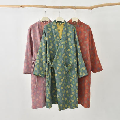 Abito Yukata in garza di cotone con foglie di ginkgo - image 1