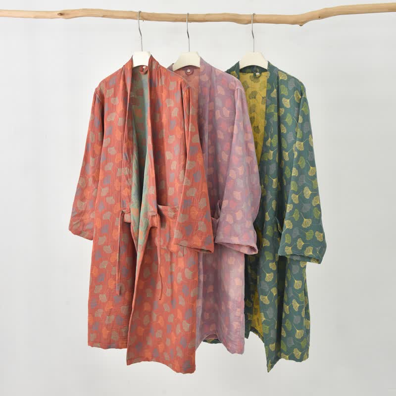 Abito Yukata in garza di cotone con foglie di ginkgo - image 2