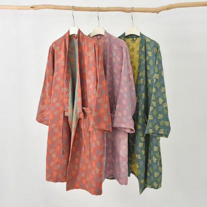 Abito Yukata in garza di cotone con foglie di ginkgo - image 2