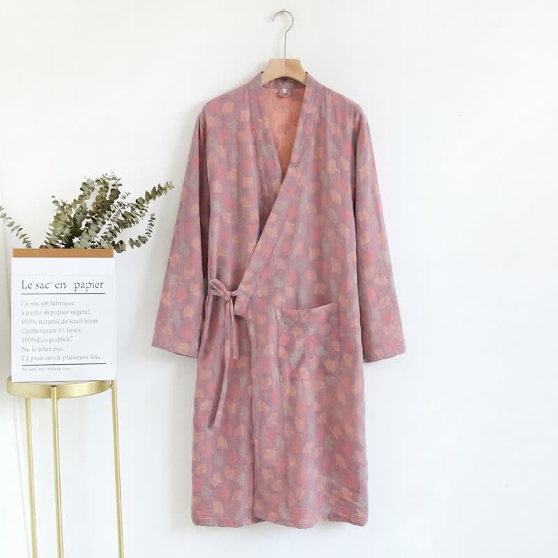 Abito Yukata in garza di cotone con foglie di ginkgo - image 15