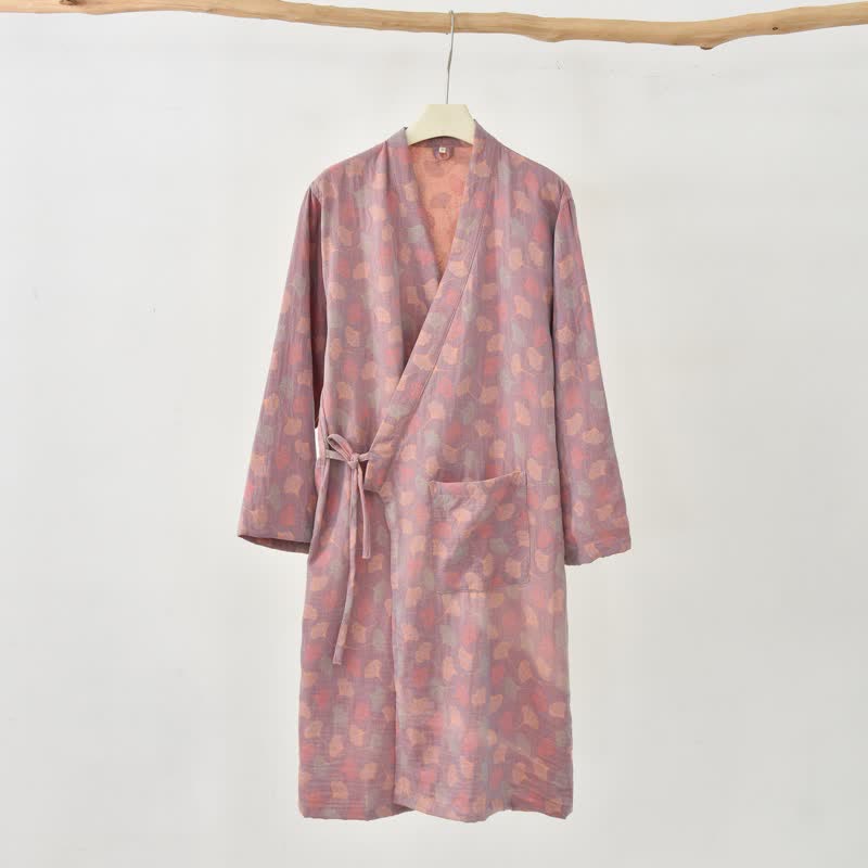 Abito Yukata in garza di cotone con foglie di ginkgo - Rosa - 2XL - image 14