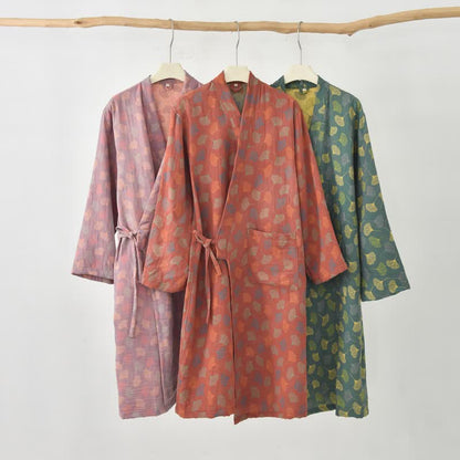 Abito Yukata in garza di cotone con foglie di ginkgo - image 0
