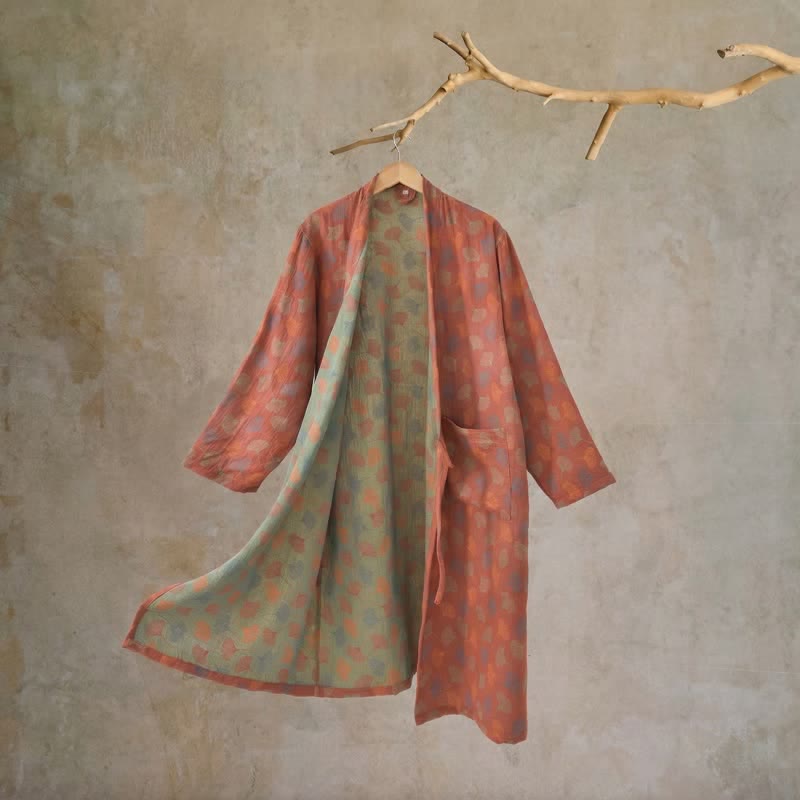 Abito Yukata in garza di cotone con foglie di ginkgo - image 5