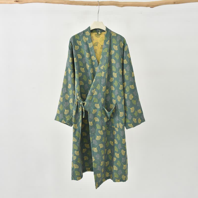 Abito Yukata in garza di cotone con foglie di ginkgo - Verde - 2XL - image 16