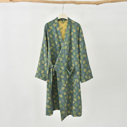 Abito Yukata in garza di cotone con foglie di ginkgo - Verde - 2XL - image 16