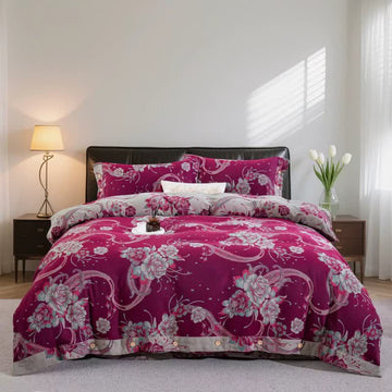 Set di biancheria da letto di lusso in garza di cotone con motivo peonia (4 pezzi) - Matrimoniale Grande - image 0