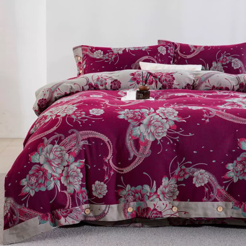 Set di biancheria da letto di lusso in garza di cotone con motivo peonia (4 pezzi) - image 1