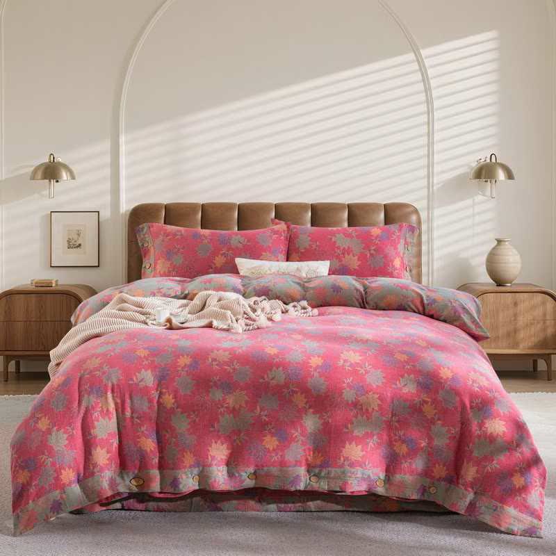 Set di biancheria da letto in cotone con motivo rustico a foglia d'acero (4 pezzi) - Matrimoniale Grande - image 0