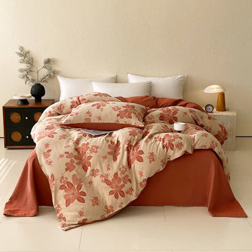 Set di biancheria da letto in doppia garza di cotone con motivo floreale a foglie (4 pezzi) - Rosa - Matrimoniale Grande - image 0