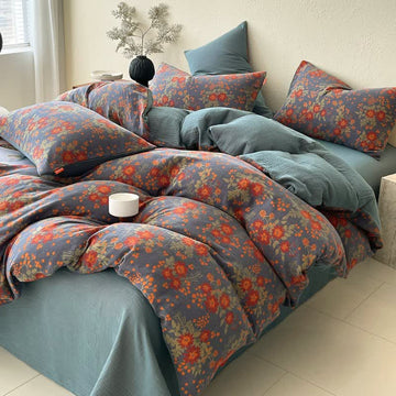 Set di biancheria da letto in garza di cotone con stampa floreale retrò (4 pezzi) - Matrimoniale Grande - image 0