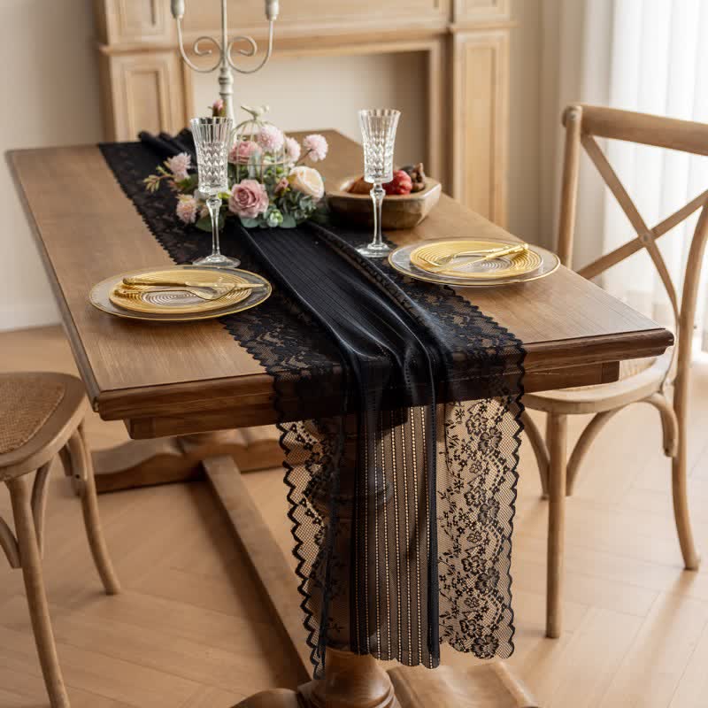 Runner da tavola in pizzo jacquard floreale - Nero - 45 cm x 300 cm - image 3